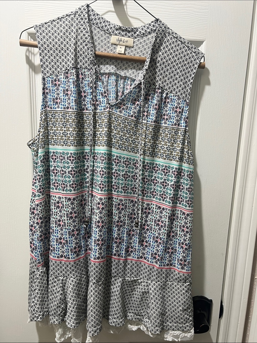 Style & Co. Sleeveless Printed Boho Tunic — White, Black, Teal, Pink